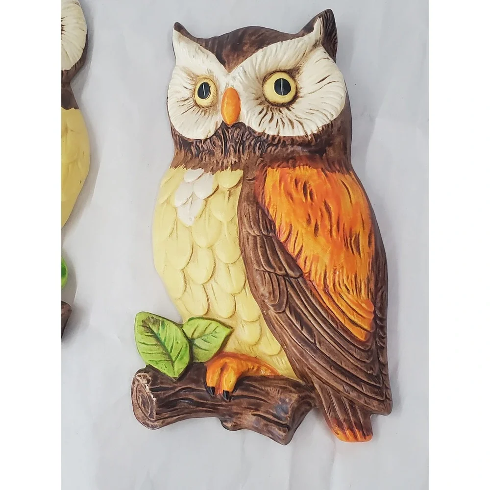 Vintage Lefton Ceramic Owl Wall Plaques‎ Set of 2 Brown Orange Yellow Japan 382